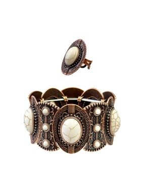 Bohemian White Stone Stretch Bracelet and Ring Set - Women's Jewelry